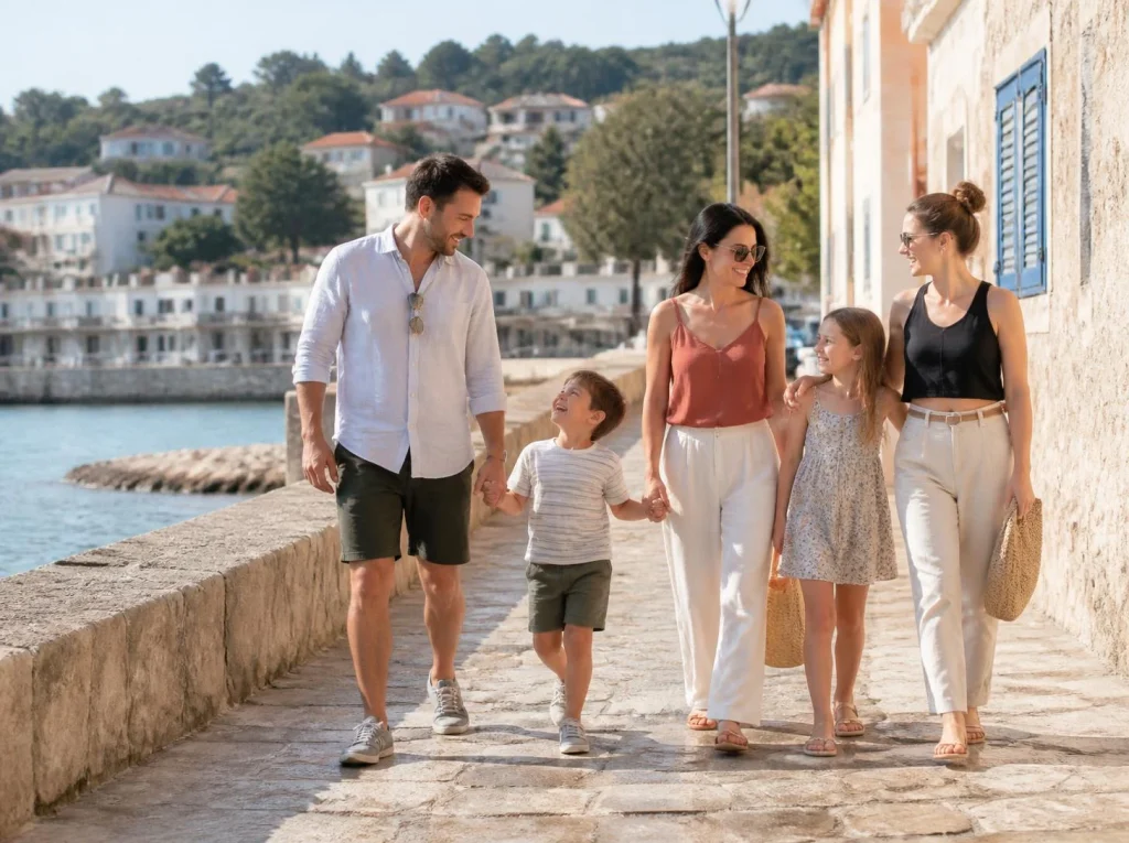 Famille et couple se promenant sur un front de mer ensoleillé