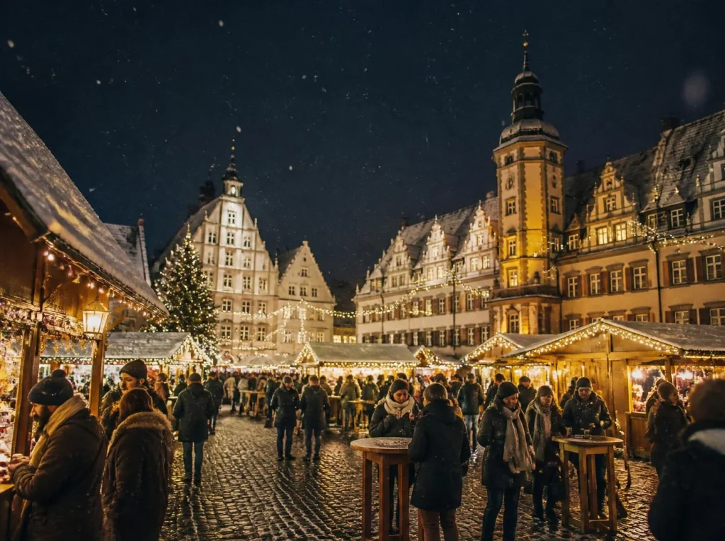 Marché de Noël illuminé le soir sur une place de vieille ville