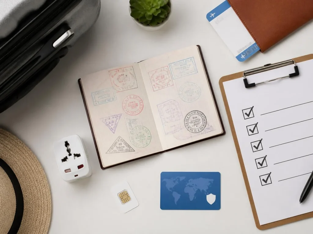 Passeport tamponné, carte d’embarquement et liste de contrôle pour préparer un voyage