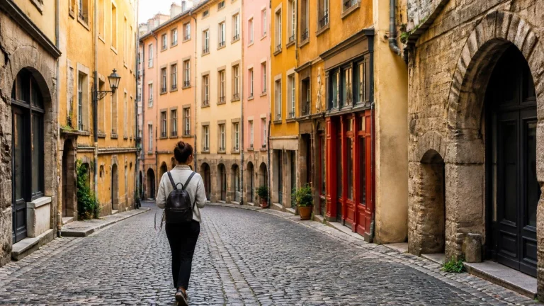 Voyageur solo dans les ruelles du Vieux Lyon, France