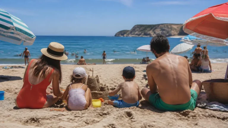 Famille sur une plage de l'Atlantique, France