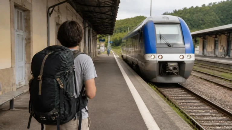 Voyageur petit budget sur un quai de gare en France