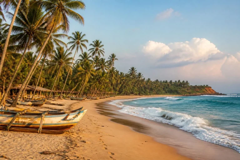 Plage bordée de cocotiers sur la côte sud du Sri Lanka
