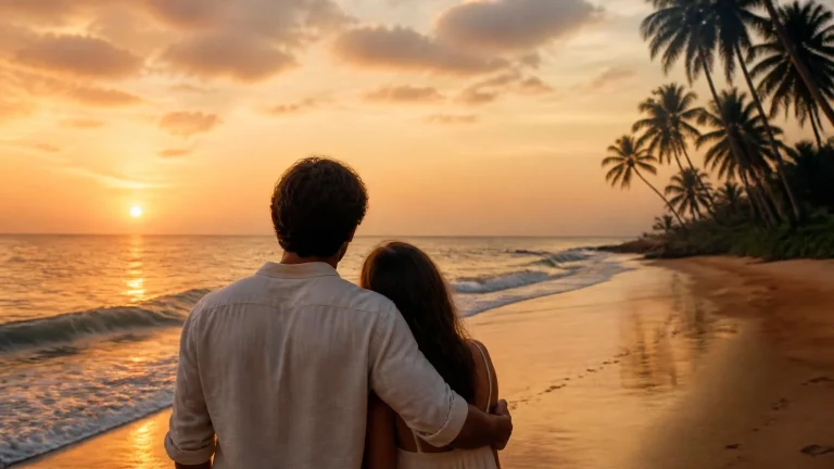 Couple au coucher du soleil sur une plage du Sri Lanka