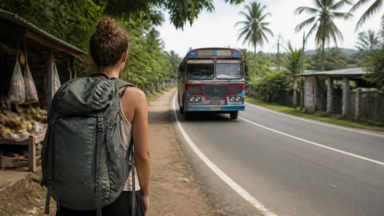 Voyageur petit budget attendant un bus local au Sri Lanka