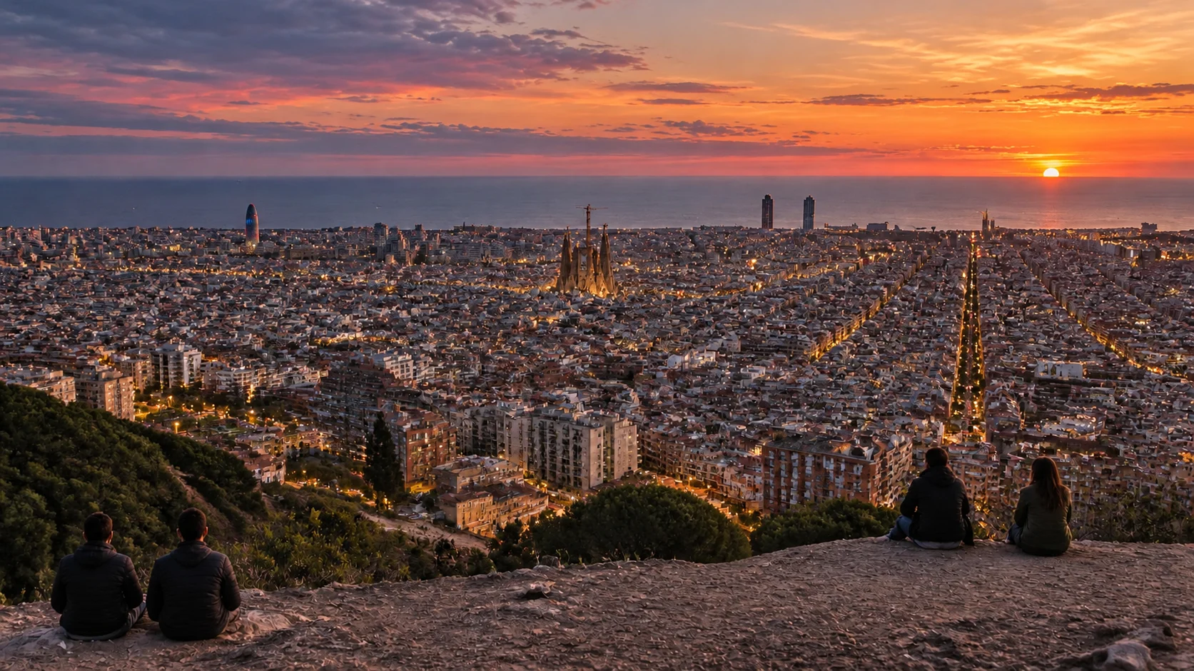 Vue panoramique de Barcelone depuis les bunkers du Carmel au coucher du soleil