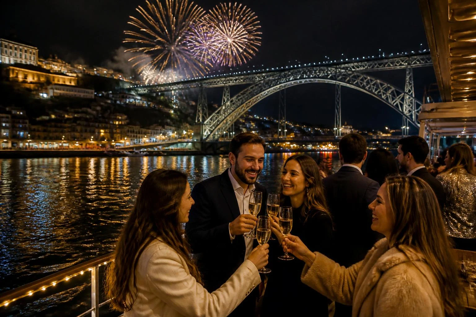 Croisière du réveillon sur le Douro, face au pont Dom Luís I illuminé