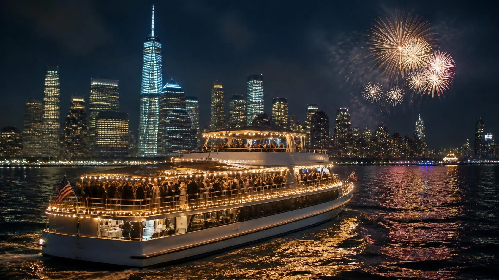 Bateau de croisière illuminé devant la skyline de Manhattan la nuit