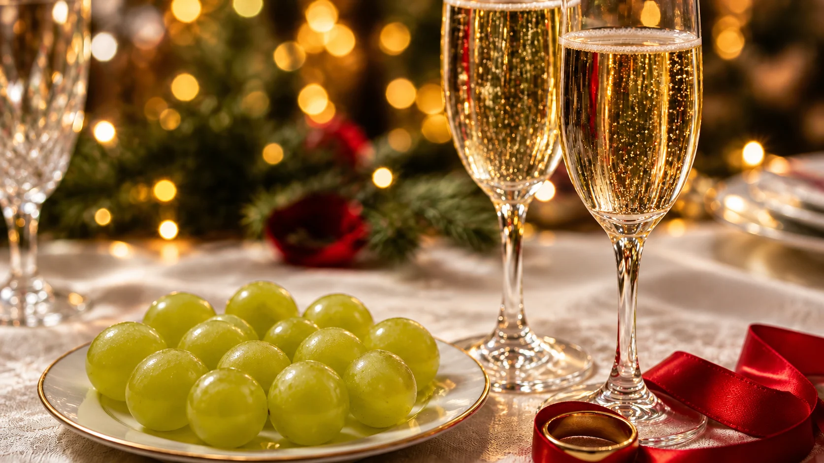 Douze grains de raisin et deux coupes de cava prêts pour minuit en Espagne