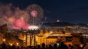 Feu d'artifice au-dessus de Barcelone et de Montjuïc le soir du réveillon