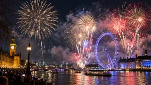 Feu d'artifice du Nouvel An au-dessus de la Tamise et du London Eye à Londres