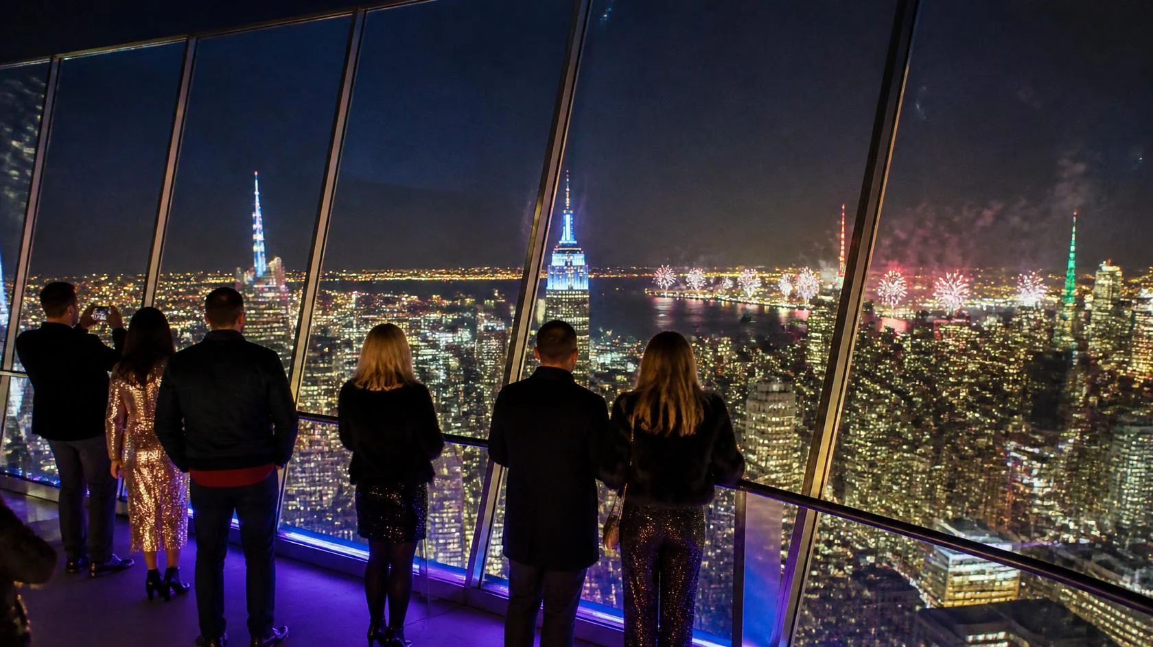 Terrasse vitrée d'un observatoire en hauteur avec vue sur Manhattan illuminé