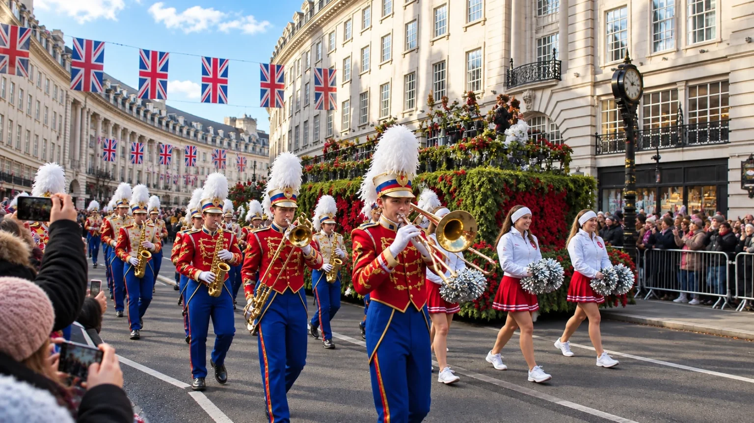 Fanfare et chars de la parade du Nouvel An dans le centre de Londres le 1er janvier
