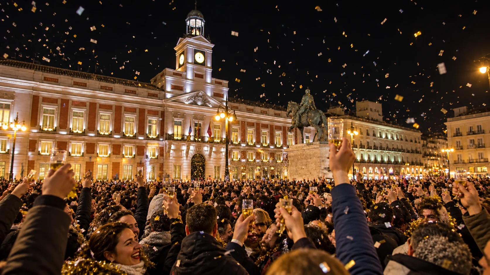 La foule sous l'horloge de la Puerta del Sol à Madrid le soir du réveillon
