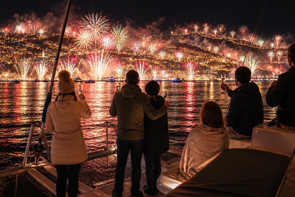 Passagers sur un catamaran dans la baie de Funchal, regardant le feu d’artifice du réveillon