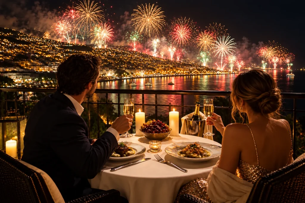 Table de dîner du réveillon sur un balcon d’hôtel avec vue sur la baie illuminée de Funchal