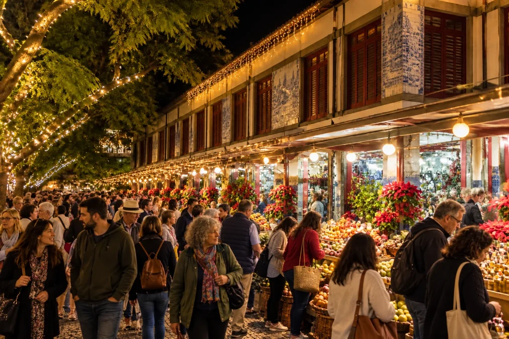 Nuit du marché le 23 décembre devant le Mercado dos Lavradores de Funchal, avec étals de fruits et illuminations