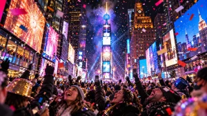 Foule de dos à Times Square la nuit du réveillon, confettis et boule lumineuse au sommet de la tour
