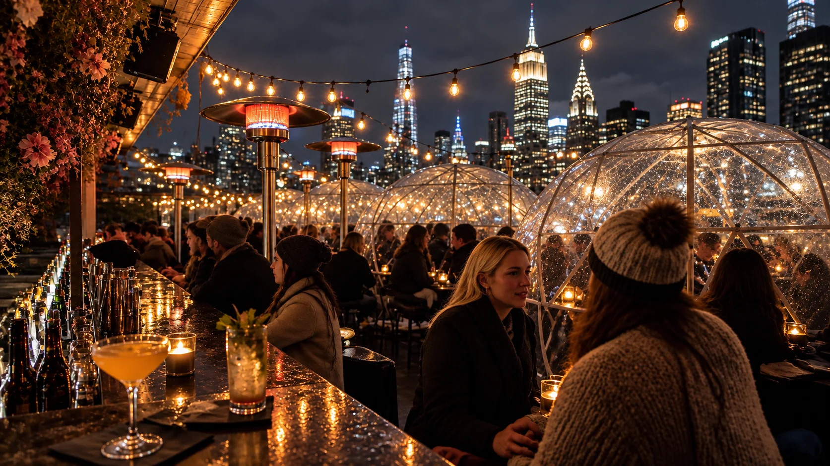 Rooftop bar chauffé avec vue sur les gratte-ciel de New York en hiver
