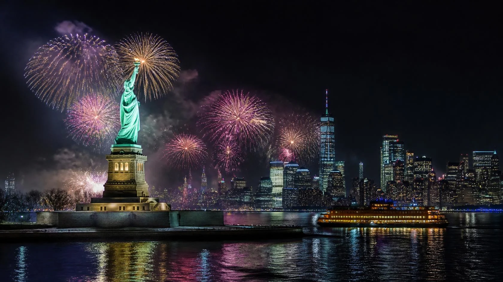 Feu d'artifice au-dessus de la baie de New York avec la statue de la Liberté