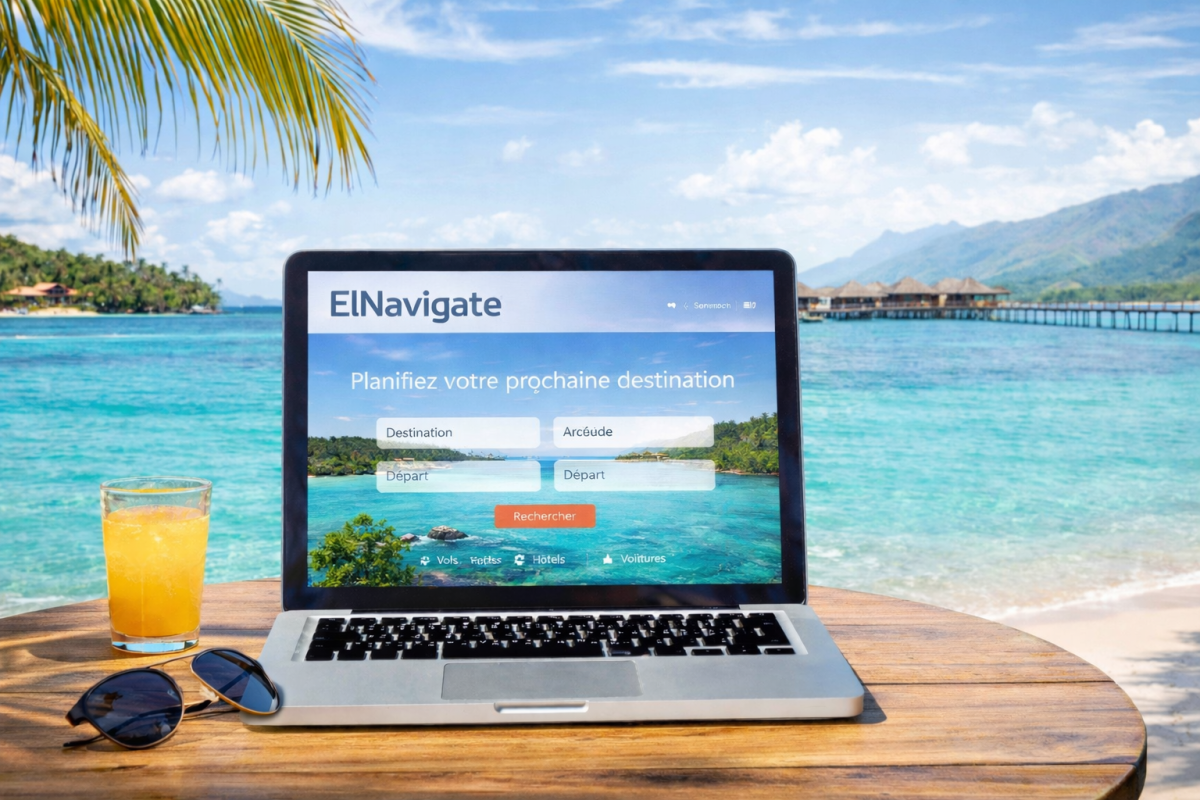 Ordinateur portable ouvert sur le site ElNavigate face à une plage tropicale